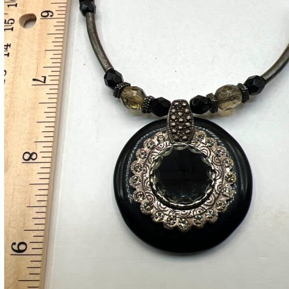 Chicos Statement Necklace With Black & Silver Beads Rhinestone Pendant N1 - Picture 13 of 14